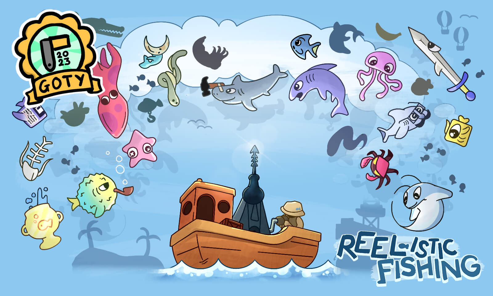 Illustration from the Playdate game Reel-istic Fishing. Text: Reel-istic Fishing was awarded 2023 Game of the Year in the Playdate Community Awards.