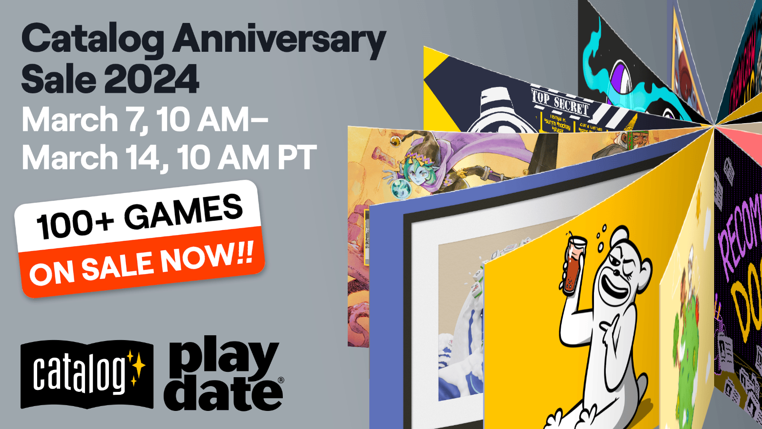Illustration of a carousel made from Playdate game art. Text: Catalog Anniversary Sale 2024, March 7, 10 AM–March 14, 10 AM PT. 100+ games on sale.
